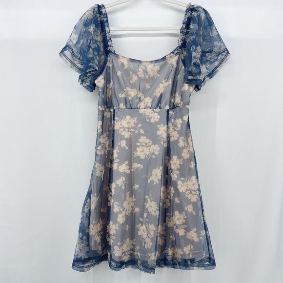 Lulus Size Large Babydoll Milkmaid Mini Dress Sheer Floral Blue Pink Romantic - Picture 9 of 10